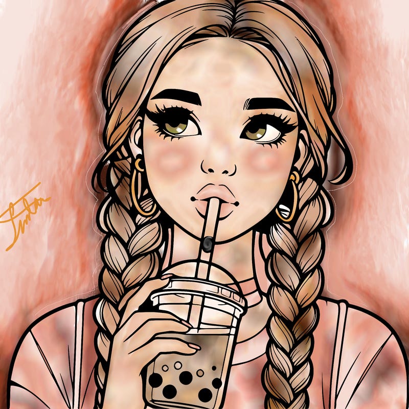 realistic girl with braided hair drinking boba