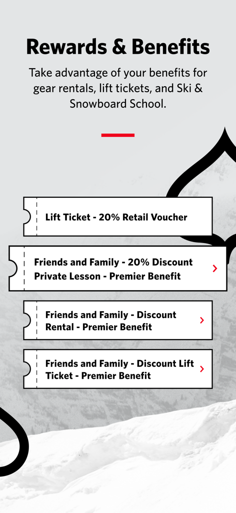 Aspen Snowmass App - Rewards and Benefits screen in the Aspen Snowmass App showing discount vouchers for lift tickets, private lessons, and rentals.