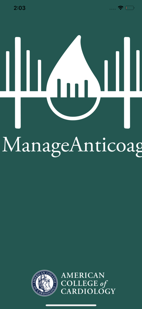 Pantalla de inicio de la aplicación ManageAnticoag que muestra el logotipo del American College of Cardiology