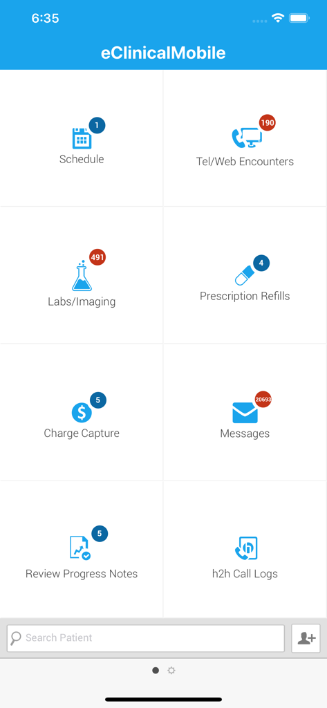 eClinicalMobile - Main dashboard of the eClinicalMobile app showing icons for schedule prescriptions and patient records