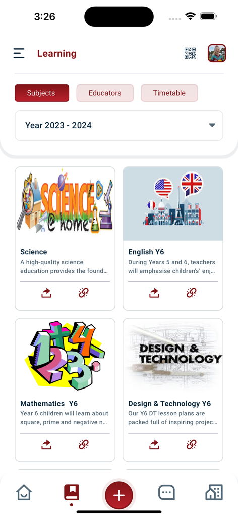 Classter - Classter app learning dashboard showing school subjects cards for Science, English, Mathematics, and Design Technology.