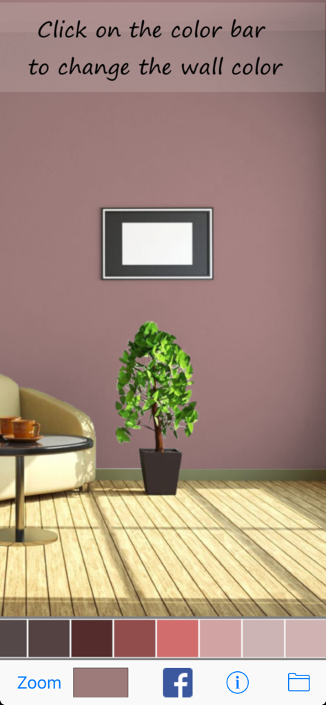 Virtual room visualizer showing a pink wall and paint color palette