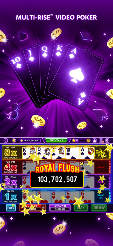 Lucky North Casino Games - Lucky North Casino Multi-Rise Video Poker game screen showing a Royal Flush win with over 100 million coins