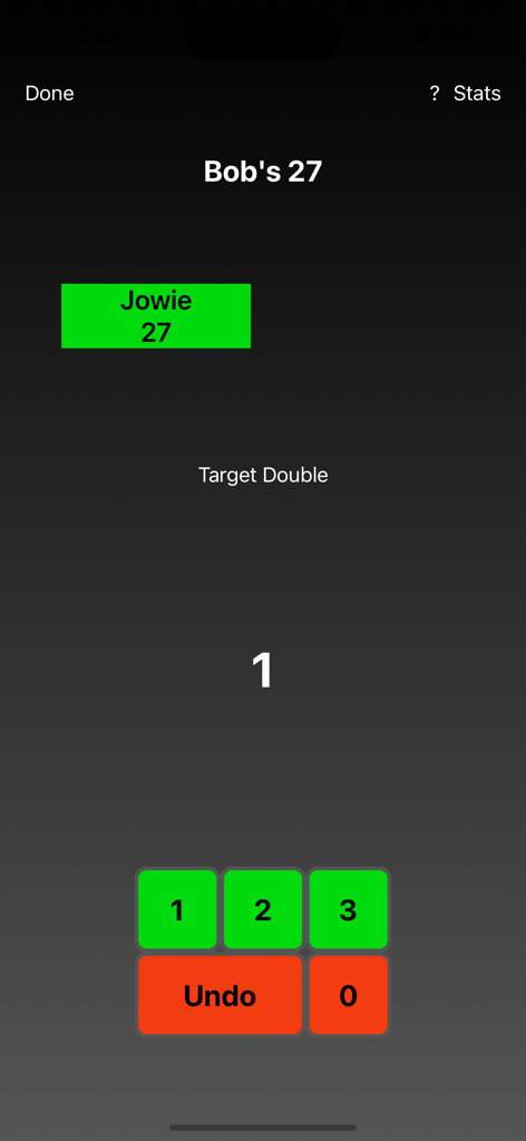DartCohol app screenshot showing the Bobs 27 training game interface for dart players