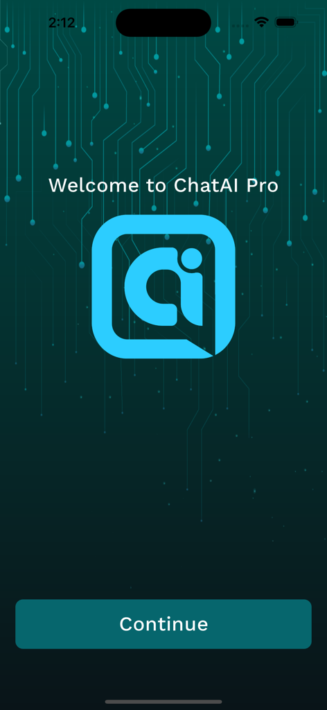 ChatPro - AI Assistant - Welcome screen of ChatAI Pro app with logo and continue button