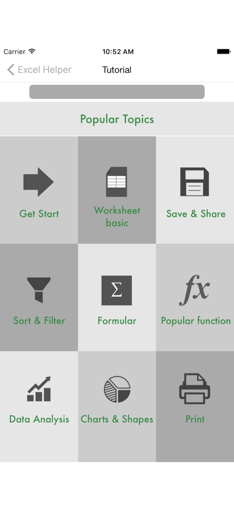 Tips, Tricks, Guide for excel - Excel tutorial app screen showing popular topics including formulas data analysis and charts