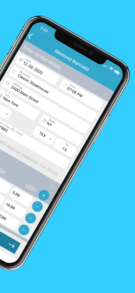 ExpressExpense - ExpressExpense app interface for entering itemized receipt details on a smartphone