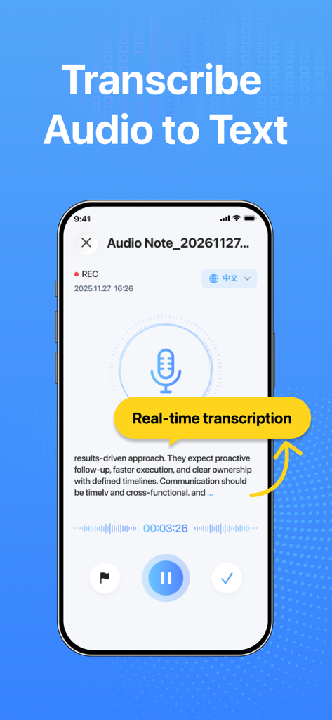 Notes - AI Note Taker - Smartphone screen showing real time audio to text transcription in the Notes AI app