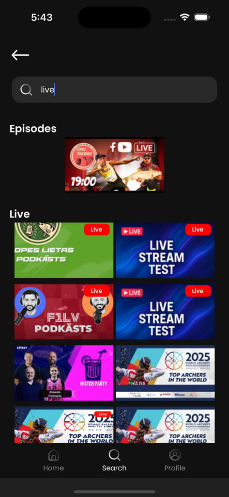 Search results for live content on the 24 Sport app featuring various podcasts and sports events