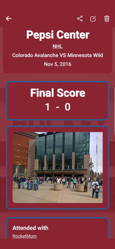 My Hockey Passport - A detailed hockey game log on the My Hockey Passport app showing a 1-0 score between Colorado Avalanche and Minnesota Wild at the Pepsi Center.
