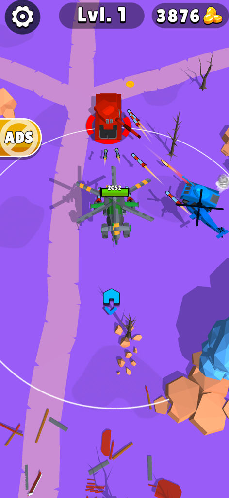 Top down tactical battle in Tank Commander Army Survival featuring helicopters attacking an enemy tank