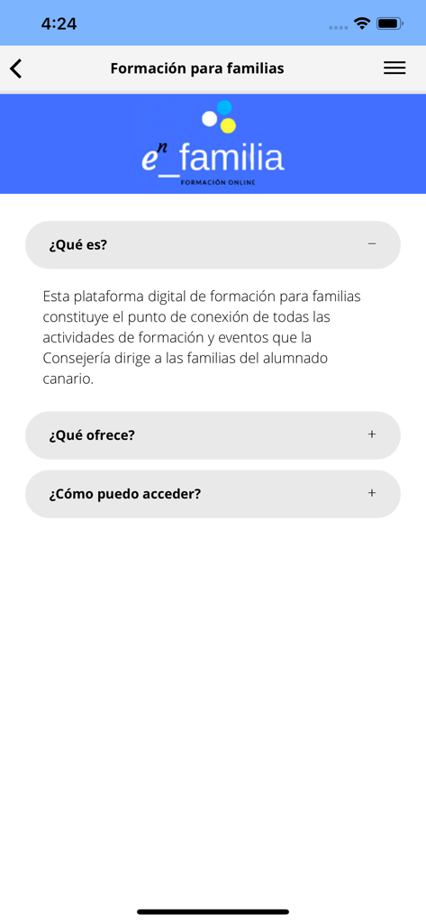 Pincel Alumnado y Familias - Pantalla de formación para familias de la aplicación Pincel