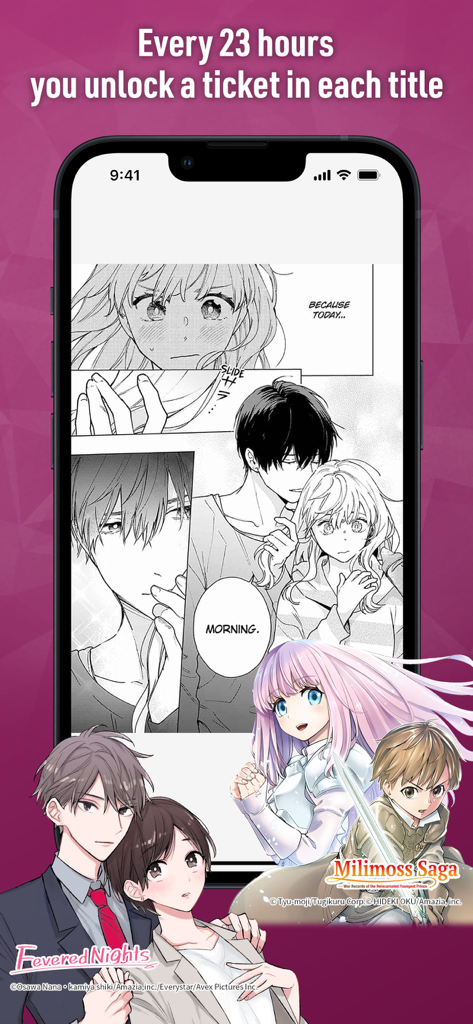 무료 일일 티켓 및 인기 만화 제목 프로모션을 보여주는 MANGA BANG 앱 인터페이스
