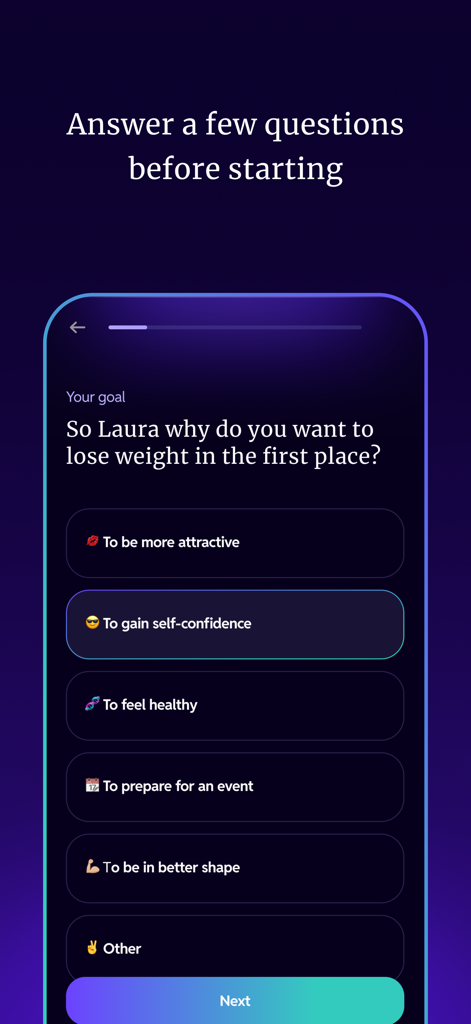 Kure: Healing Hypnosis - Kure app onboarding screen showing a questionnaire about weight loss motivations