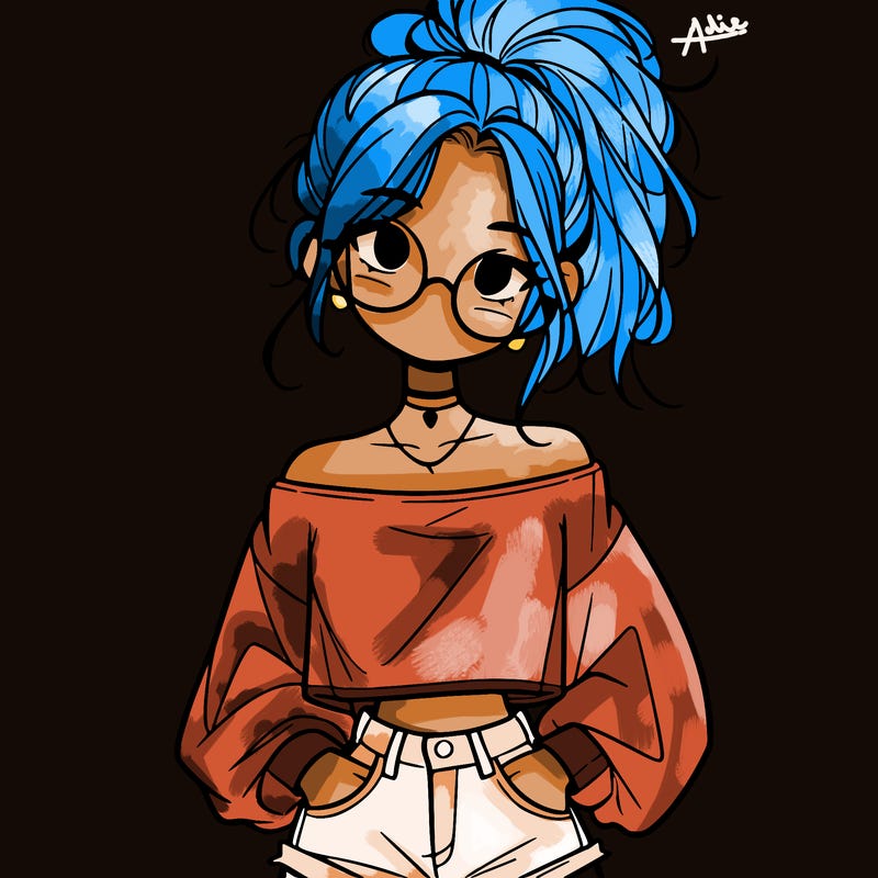 girl with a messy ponytail glasses a baggy crop top and jean shorts