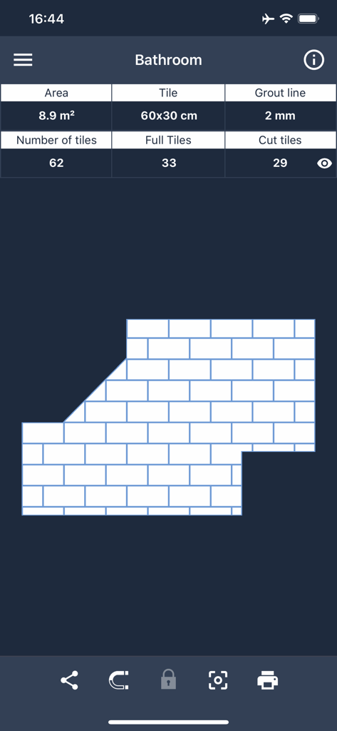 Interface of the Floor Covering app showing a calculated bathroom tile layout with material quantity and dimensions