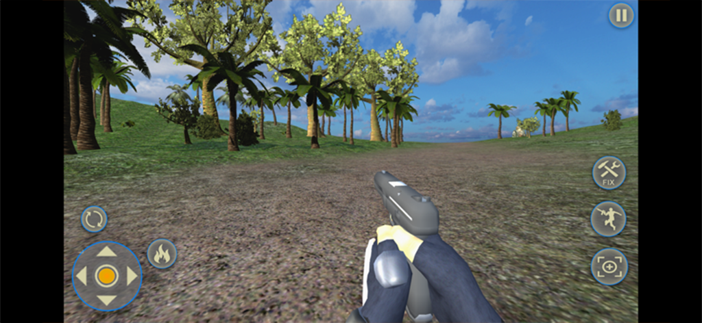 Scary Horror Clown Games - First person shooter perspective with a handgun in a tropical island environment from the game Scary Horror Clown Games
