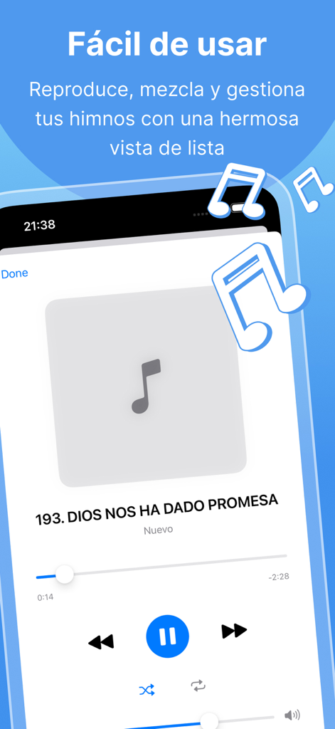 Himnario Nuevo Y Antiguo - Music player interface of the Himnario Nuevo Y Antiguo app playing a Spanish Adventist hymn