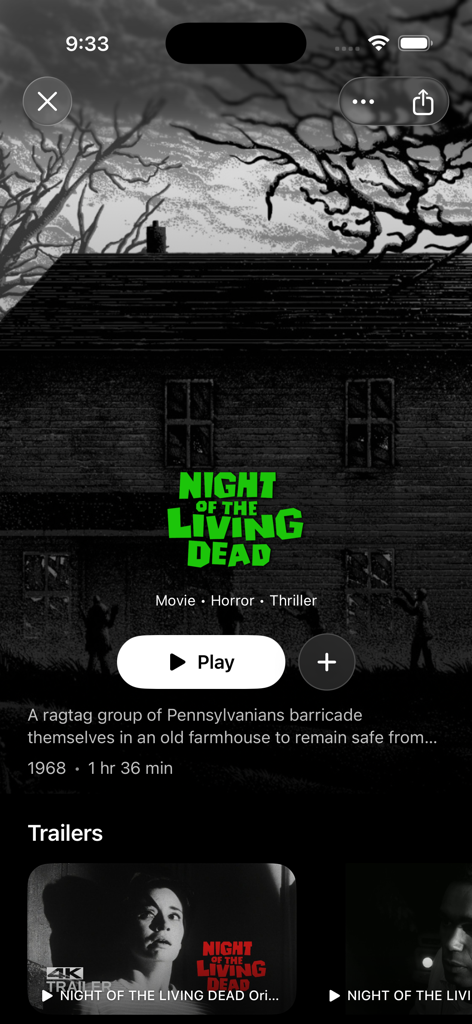 A movie details page for Night of the Living Dead in the Omni app featuring play buttons and trailers