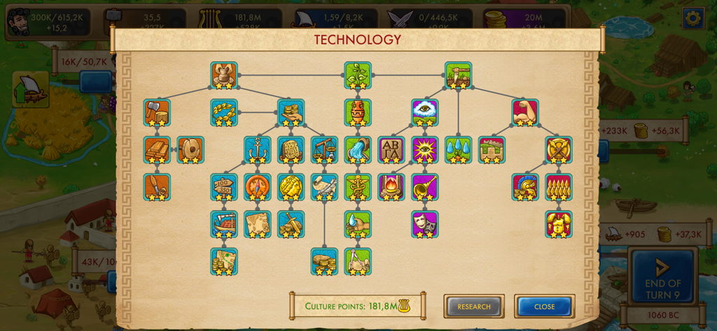 Complex technology tree menu in Marble Age Remastered showing ancient Greek advancements