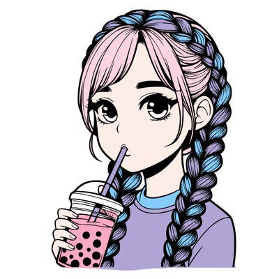 realistic girl with braided hair drinking boba