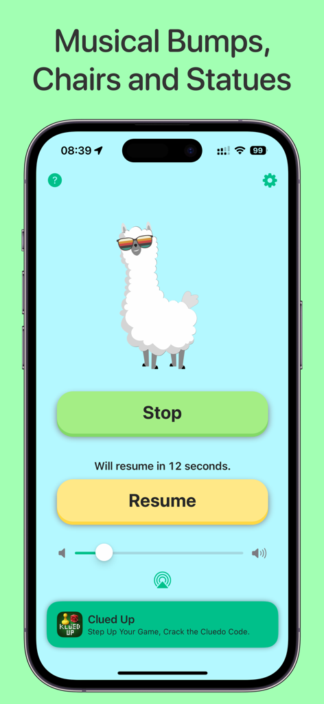Musical Chairs: Party Games - Musical Chairs app interface with a cartoon llama and controls for party games like Musical Bumps and Statues