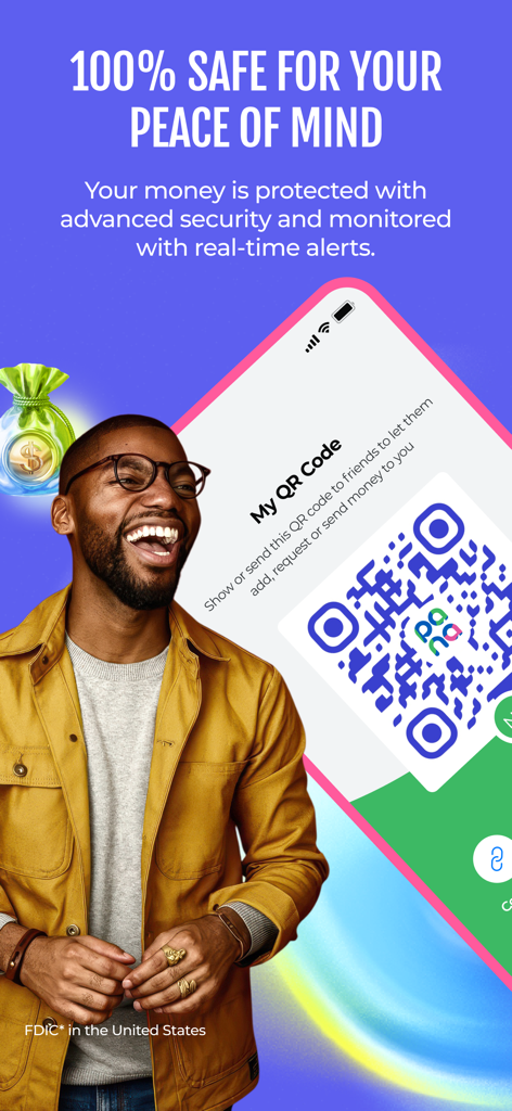 A smiling man next to a smartphone displaying a Pana app QR code for secure money transfers with advanced security alerts