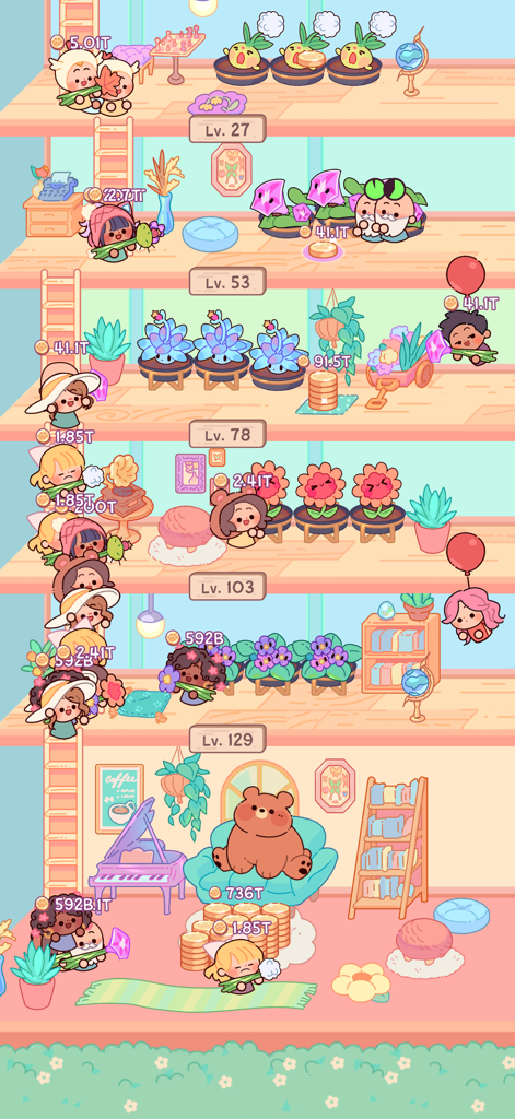 Adorable Garden - Un vivero de plantas acogedor de varios niveles con adorables jardineros y varias plantas en el juego móvil Adorable Garden.