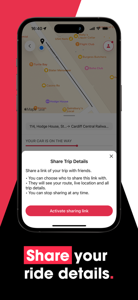 Veezu app screen showing the option to share trip details and live location with friends