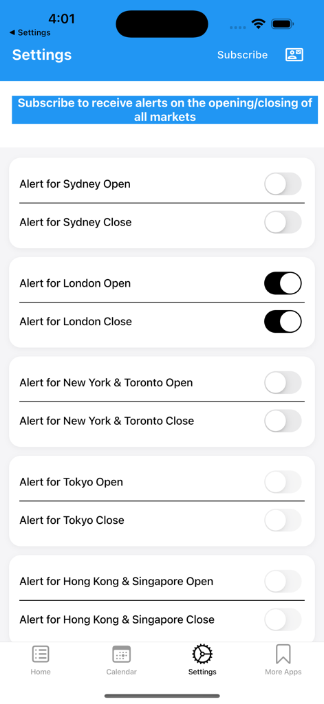 Tela de configurações do aplicativo Easy Forex Hours mostrando botões de notificação para horários de abertura e fechamento do mercado global