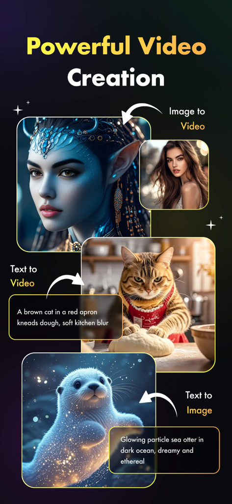 Visto: AI Video Photo Creator - Visto app interface showing AI video and image creation from text prompts and photos.