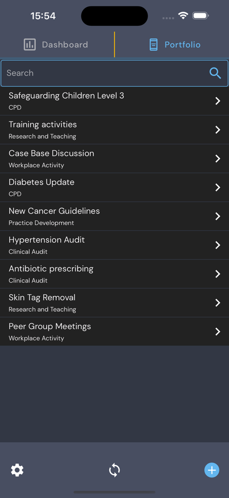 AMP app portfolio screen showing a list of medical CPD and clinical audit activities