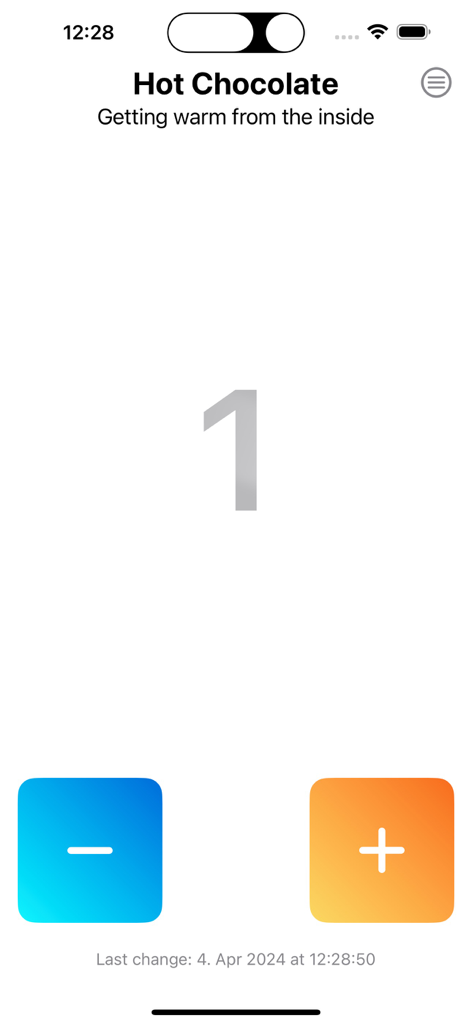 Counter - Tally Meister - Interfaz de la aplicación Tally Meister que muestra un contador llamado Chocolate Caliente con un conteo actual de uno