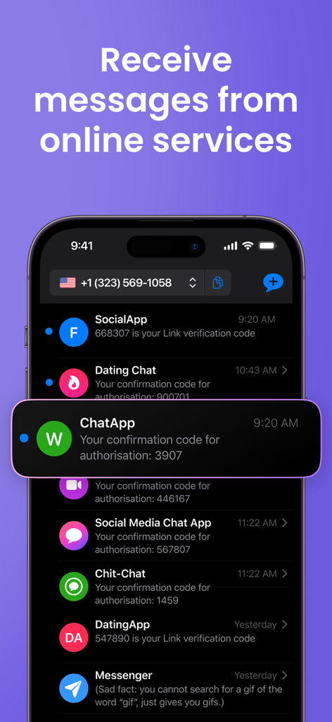 Second Phone Number: 2nd eSIM - 仮想米国電話番号で受信したさまざまなオンラインサービスからのSMS認証コードを示すiPhoneインターフェース