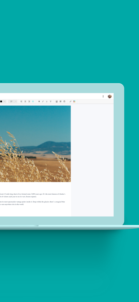 Interfaccia dell'editor di scrittura e blog dell'app Zine visualizzata su uno schermo di laptop.