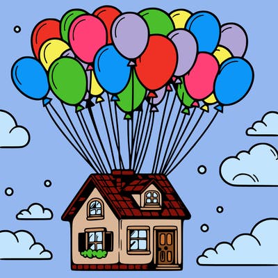 house floating from lots of balloons