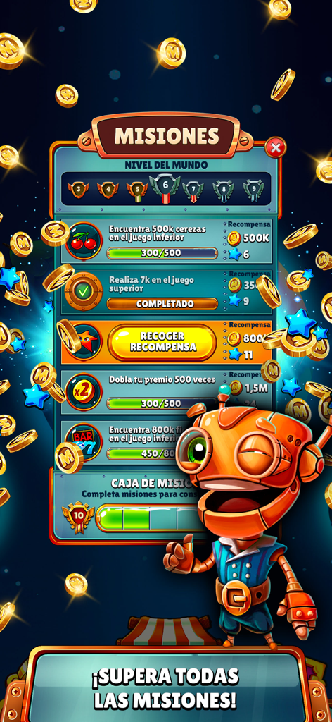 Mundo Slots - Tragaperras Bar - Una pantalla que muestra misiones del juego y recompensas en la aplicación Mundo Slots con un personaje robot.
