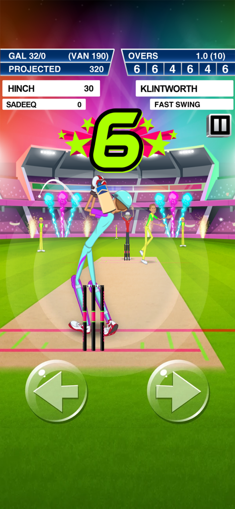 Stick Cricket Super League - 경기장에서 타자가 식스를 치는 모습을 보여주는 Stick Cricket Super League의 게임플레이 스크린샷