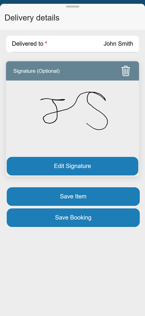 Takeflite Go delivery details screen with a digital signature capture for cargo logistics
