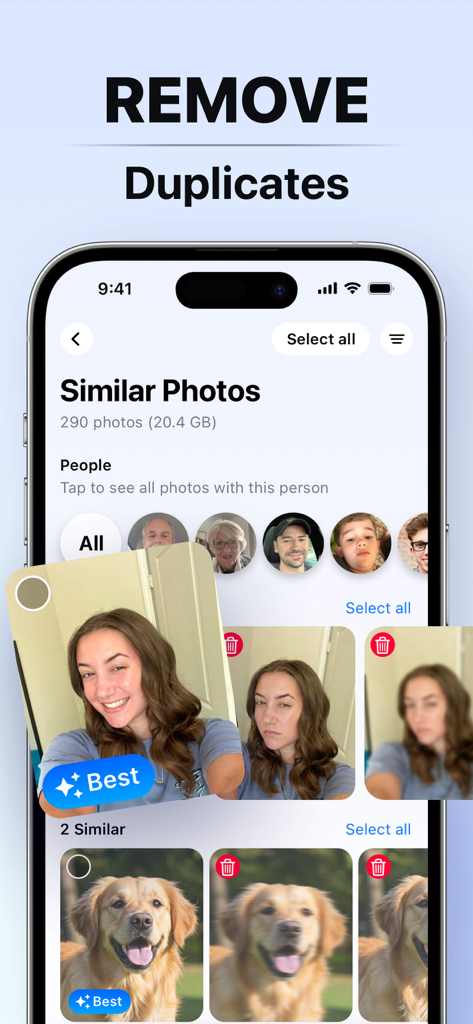 Interfaz de la aplicación CleanSlate que muestra fotos similares con la IA identificando la mejor toma para conservar y sugiriendo otras para eliminar