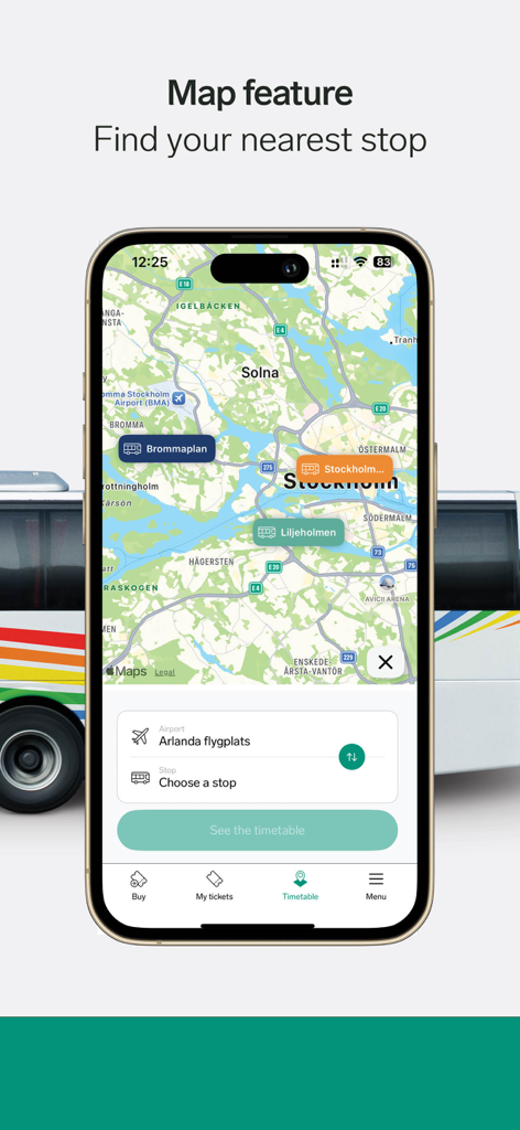 Vy flygbussarna - Vy flygbussarna app screenshot showing the map feature to find the nearest airport bus stop in Sweden