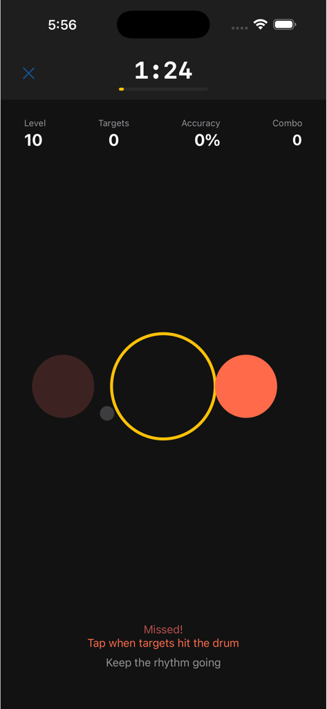 Pantalla de juego de la aplicación Focus Trainer que muestra un juego de atención basado en el ritmo.