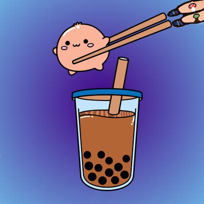 a baby mochi in chop sticks and boba tea