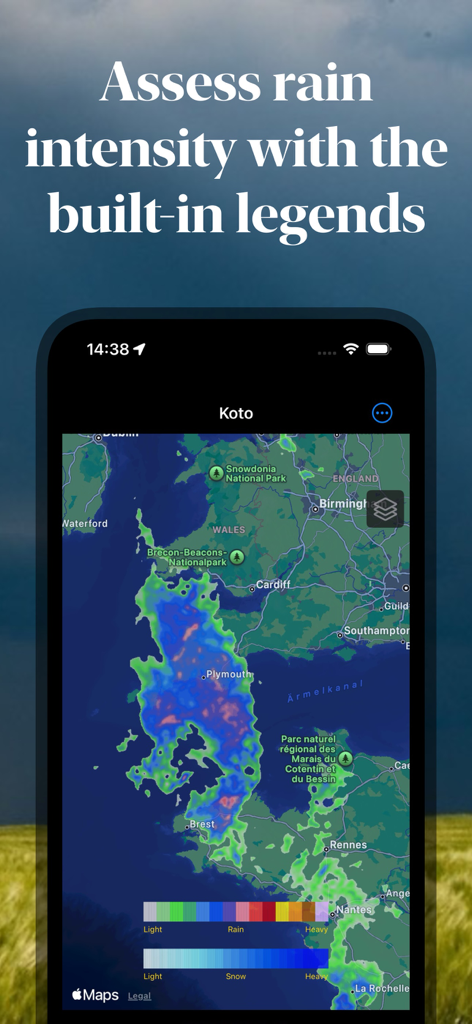 Rain Viewer: Rain Radar Map - Mappa radar meteo che mostra l'intensità della pioggia con una legenda a colori integrata
