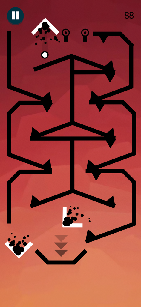 Minimalist level of Go Escape ball game with black geometric obstacles on a red gradient background