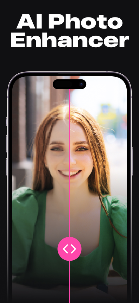 AI Photo Generator & Enhance - A split screen showing a blurry portrait of a woman on the left and a sharp, clear AI-enhanced version on the right