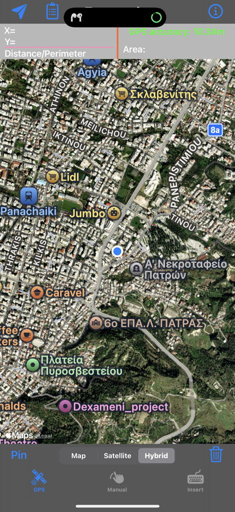 Topography Lite - Interface of the Topography Lite app featuring a satellite map view for land surveying and area calculation