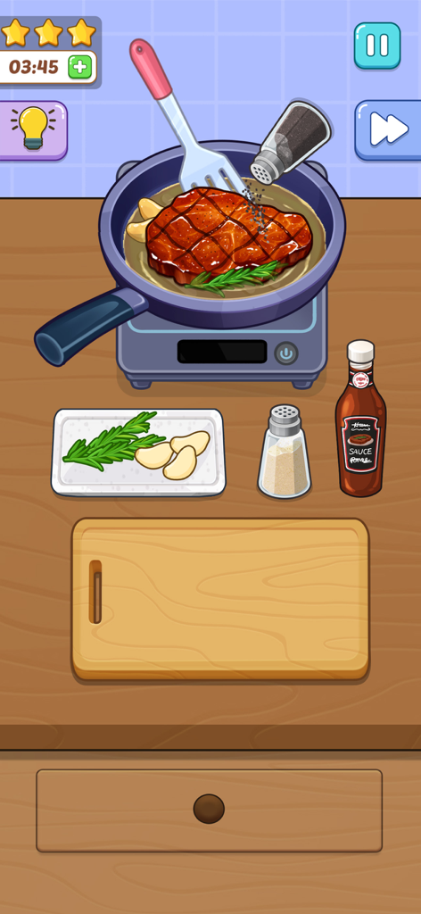 Cooking Paradise: DIY Food - A steak being seasoned with pepper while frying in a pan with rosemary and garlic in Cooking Paradise DIY Food mobile game.