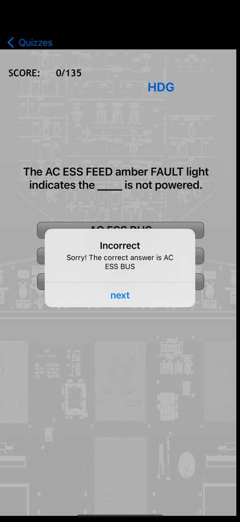 iAIRBUS A320 Type Rating Prep - Quiz interface from the iAIRBUS A320 app showing a systems question and a feedback popup.