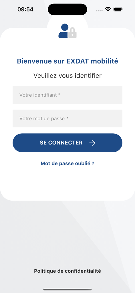 Écran de connexion de l'application Exdat pour le suivi de flotte de véhicules en temps réel